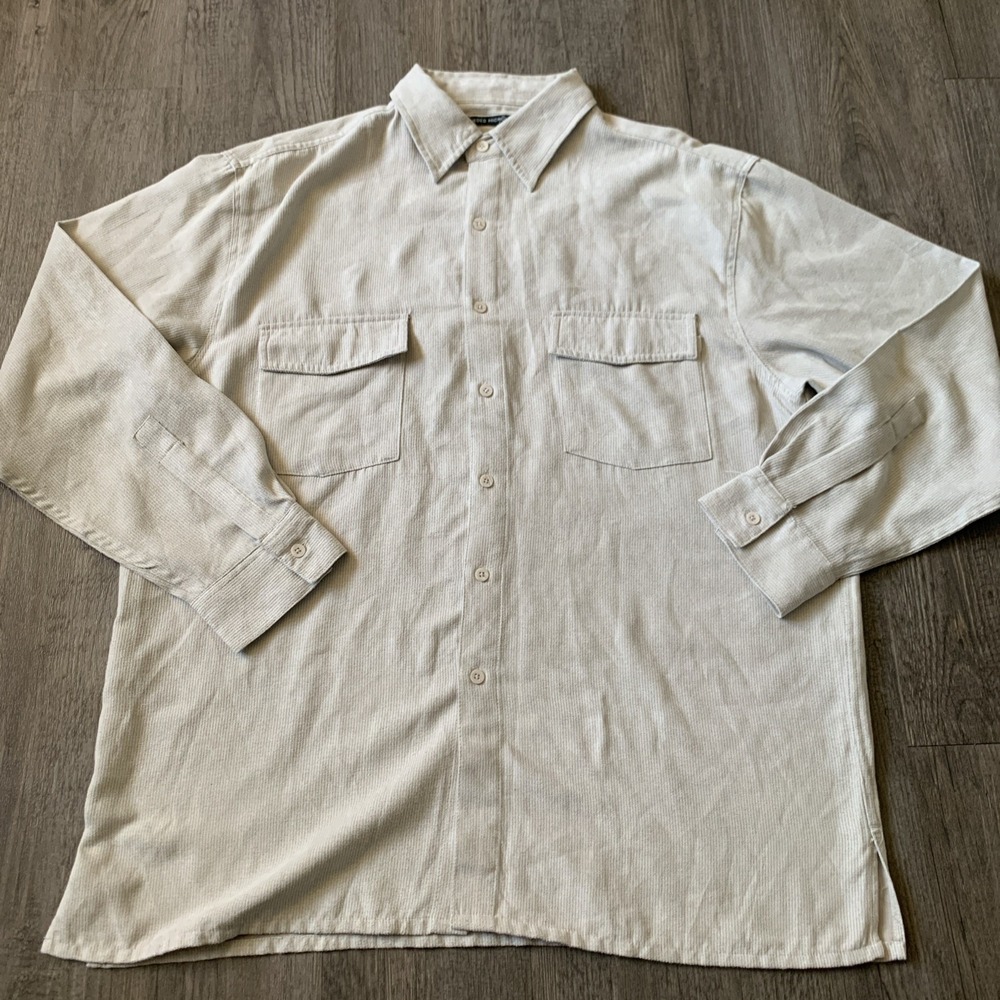 Bruno Mens Large Sueded Microfiber Button Up Shirt Beige Long Sleeve Regular Fit